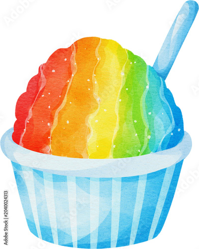 Quadro em tela Watercolor illustration of rainbow shaved ice in a blue paper cup