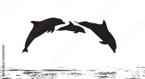 Canvas Print Black dolphin silhouettes, ocean animal icons, sea creatures, vector graphics