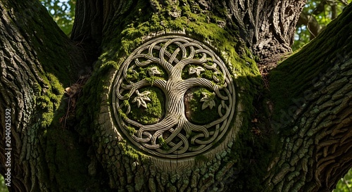 Golden tree of life symbol carving on a dark wooden tree bark in a forest