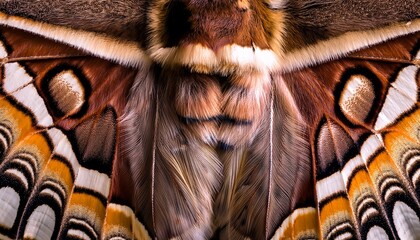 detailed macro view of giant moth wings and furry body showing intricate patterns and textures