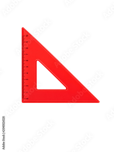 Red plastic triangular ruler isolated on transparent background. Geometric measuring tool used for mathematics, technical drawing, drafting, engineering, architecture and school education.