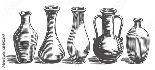Bild auf Leinwand Engraved collection of vintage ceramic vases and pottery