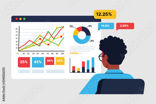 A person sitting in front of a computer screen displaying various colorful graphs and charts, including line graphs, pie charts, and bar charts, for data analysis and statistics