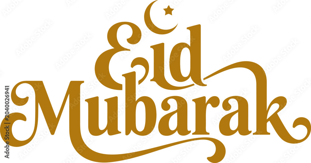 Obraz premium Eid Mubarak greeting calligraphy text design with crescent moon and star on isolated background, golden typography holiday vector