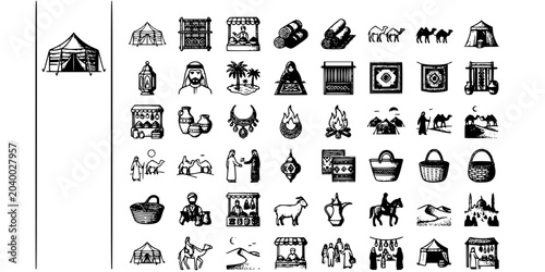 Quadro em tela Bedouin Tent Market Stipple Black White-Woven Canopy Carpet Desert Camp-Nomadic