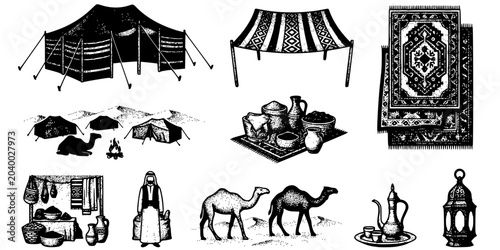 Valokuva Bedouin Tent Market Stipple Black White-Woven Canopy Carpet Desert Camp-Nomadic