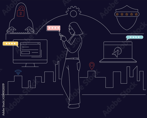 Cybersecurity and Digital Privacy, Online Security and Data Protection Illustration, Hand Drawn in Thin Line Style