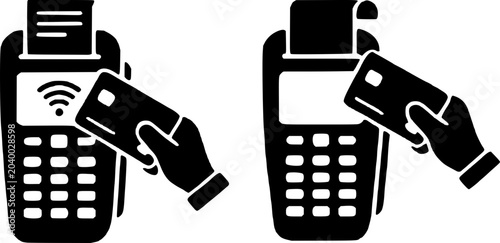 Photos Two hands holding credit cards near payment terminals with wifi and chip card reader, illustrating online and secure transactions