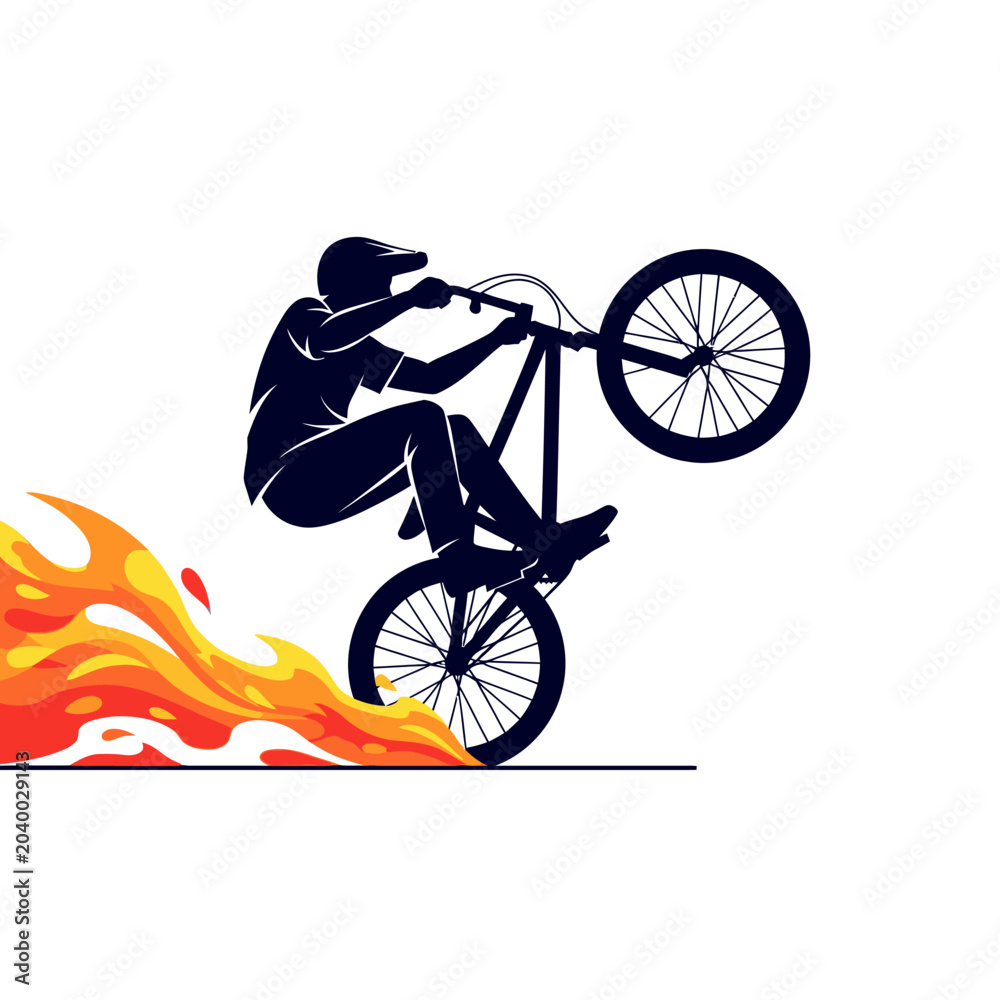 Naklejka premium bmx biker performing stunt wheelie, flame graphic illustration