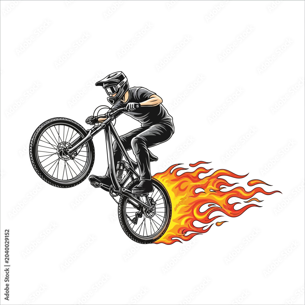 Naklejka premium Bmx biker performing wheelie with flames, vector illustration