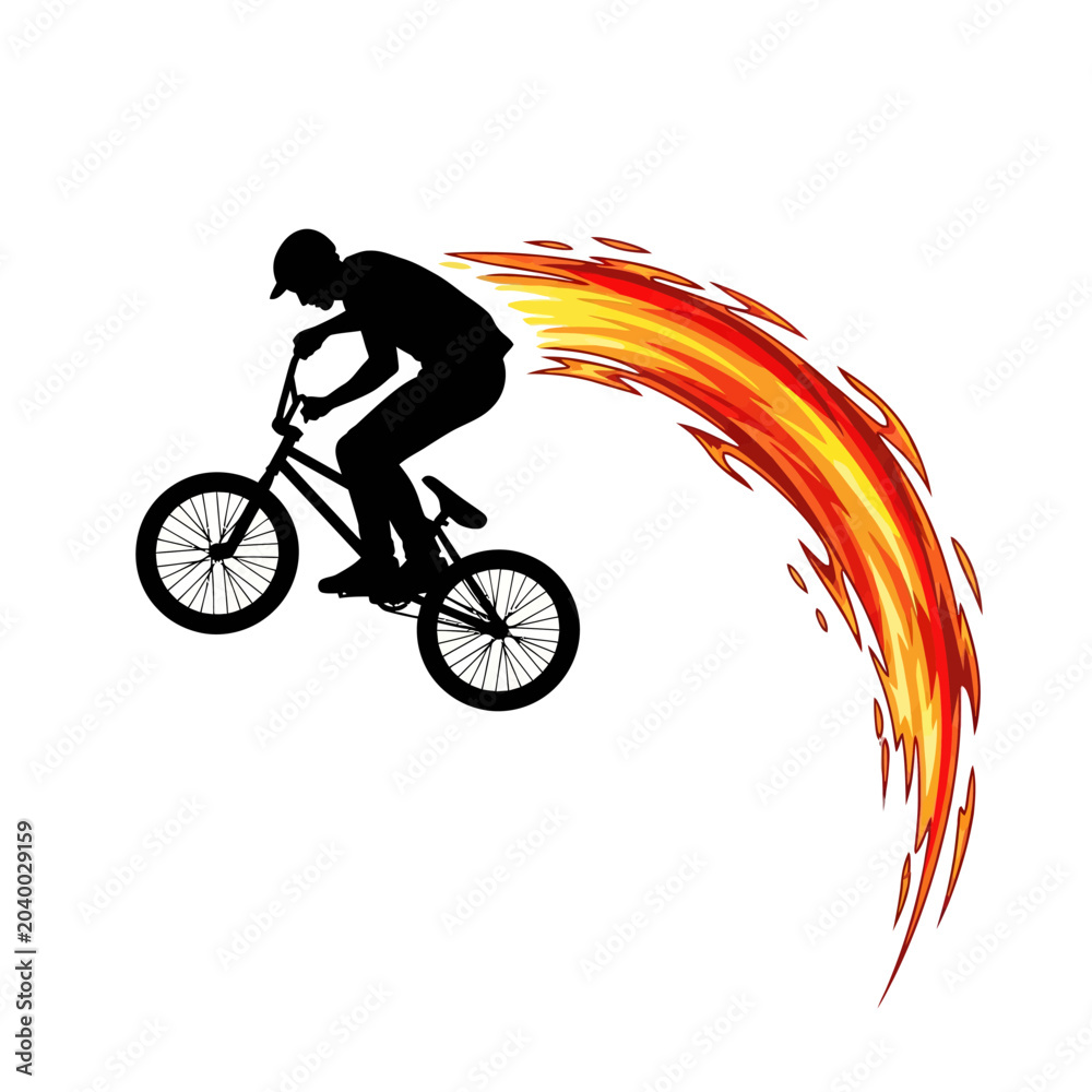 Naklejka premium bmx biker silhouette with fiery trail, extreme sports graphic