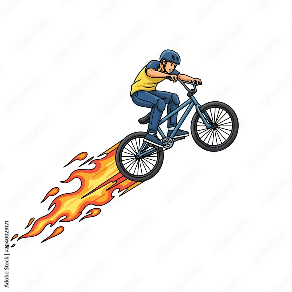 Naklejka premium BMX biker with flame trail, isolated on white background