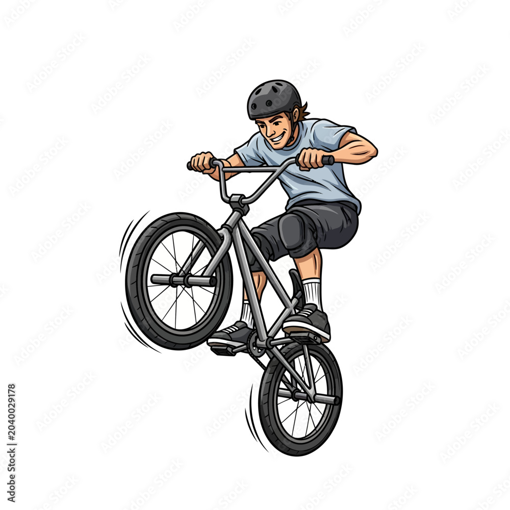Naklejka premium BMX rider doing wheelie, cartoon illustration on white
