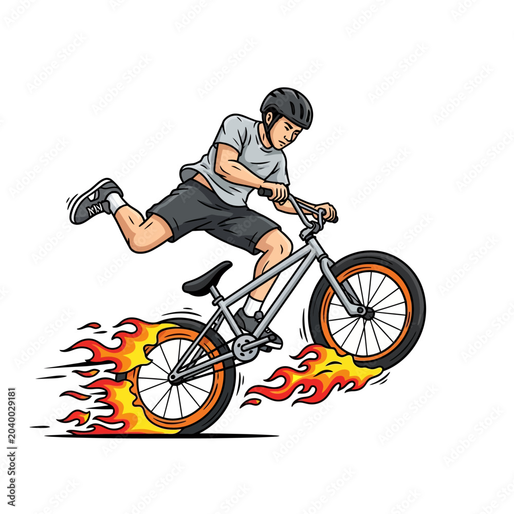 Naklejka premium BMX Rider Jumping with Flames Illustration on White Background