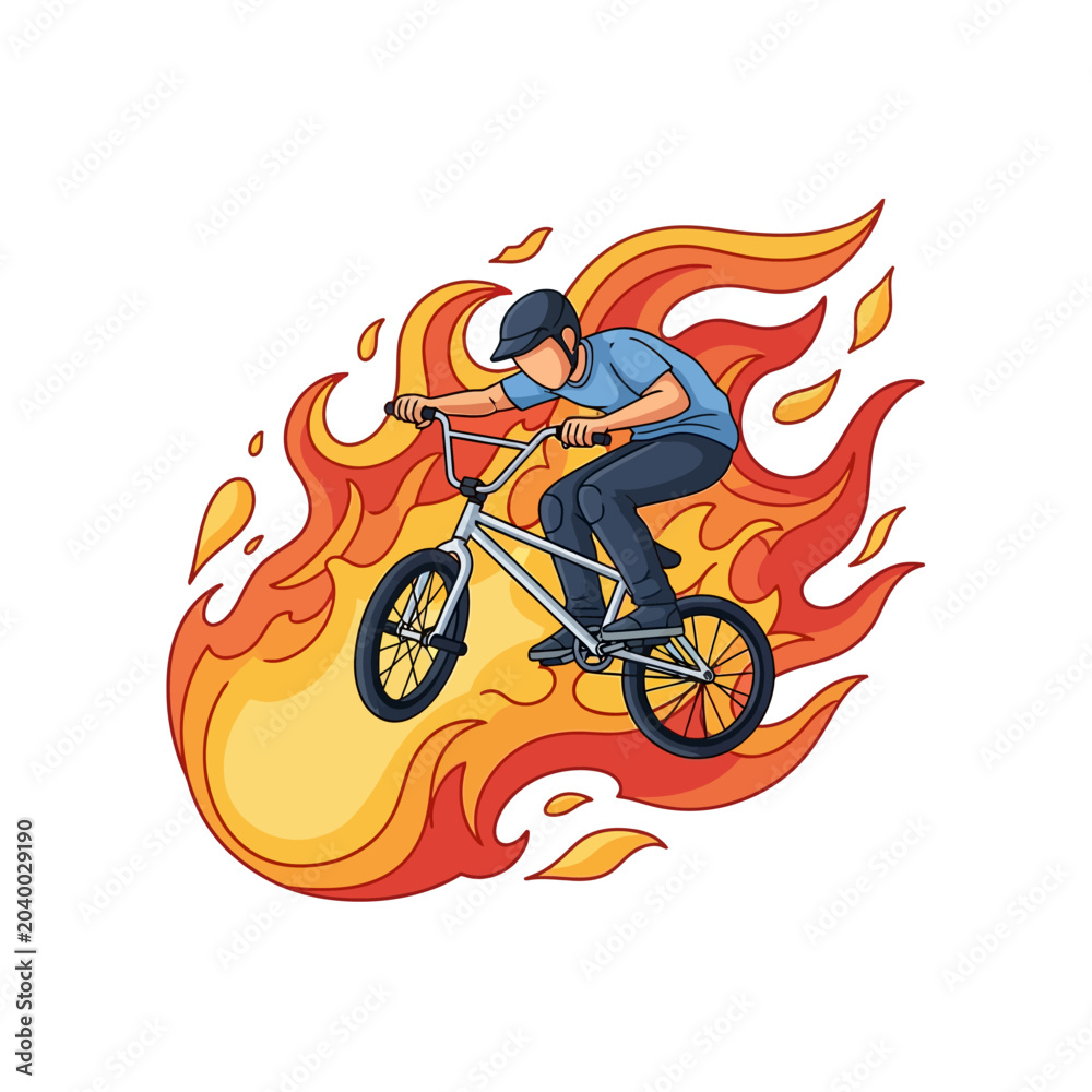 Naklejka premium bmx rider jumping over flames - vector illustration