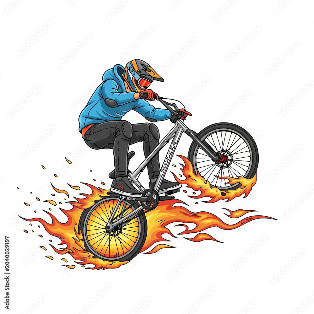 Naklejka premium BMX rider on fire with a white background illustration