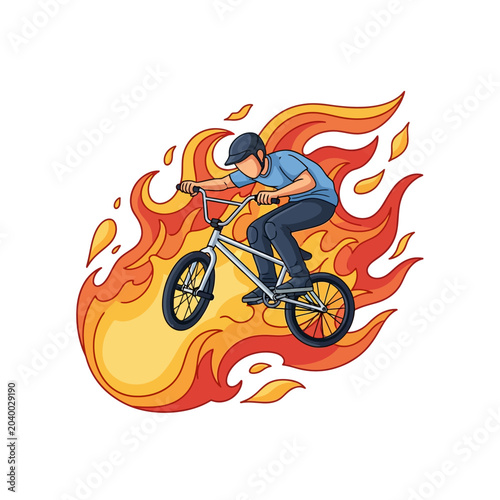 bmx rider jumping over flames - vector illustration