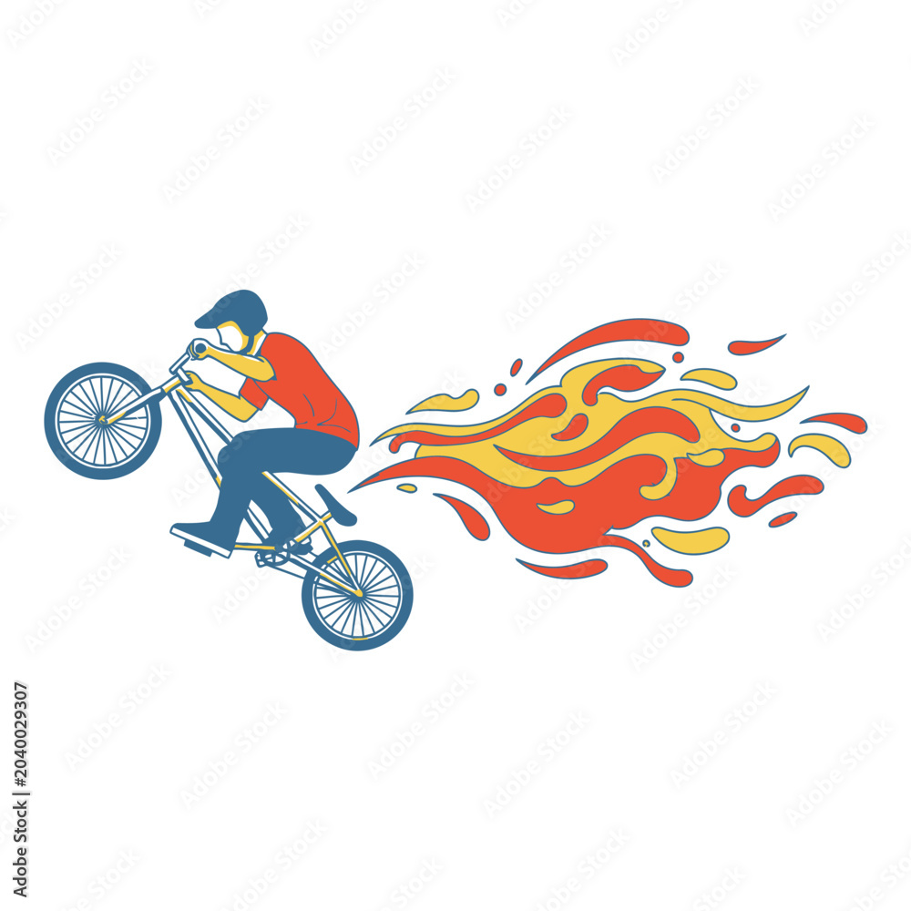 Naklejka premium BMX Rider Performing Stunt with Fire Trail - Illustration