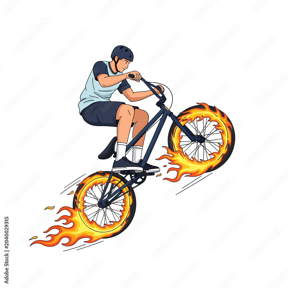 Naklejka premium BMX Rider Performing Stunt with Flaming Wheels Illustration