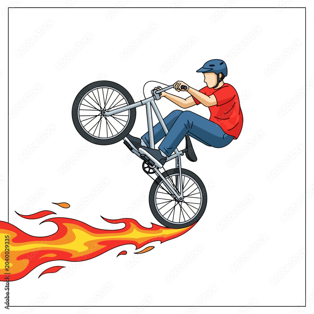 Naklejka premium BMX Rider Performing Wheelie over Fire, Vector Illustration