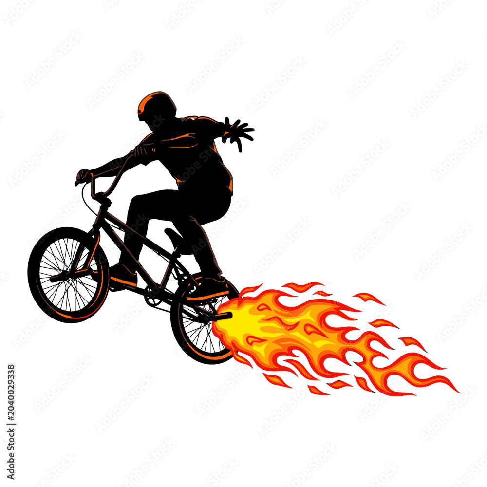 Naklejka premium BMX Rider Silhouette with Fiery Trail on White Background