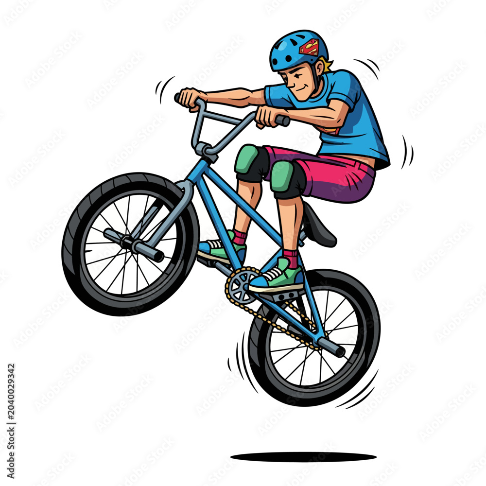 Naklejka premium BMX Rider Performing Wheelie Cartoon Illustration