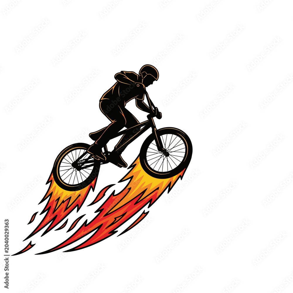 Fototapeta premium BMX rider silhouette with flames, action sport illustration