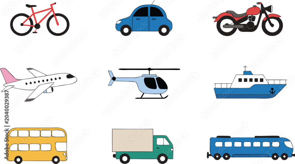 Naklejka premium Set of nine simple flat design transportation icons for travel and logistics graphic projects
