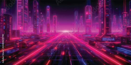 A blurred pattern of fast cars and red light motion creates a vibrant abstract design on the dark city highway traffic at night