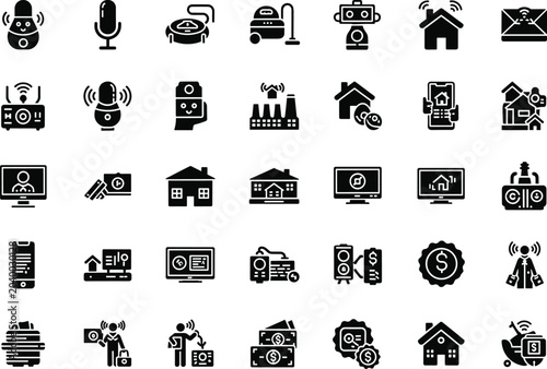 Business icons showcase various office and technology symbols on screen