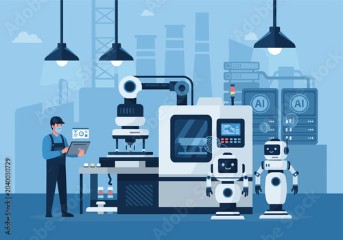 A man operates a large industrial robot machine with another robot nearby in a factory.