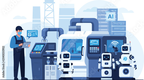 A man in a blue shirt operates complex industrial machines with screens and wires in a factory setting with AI technology.