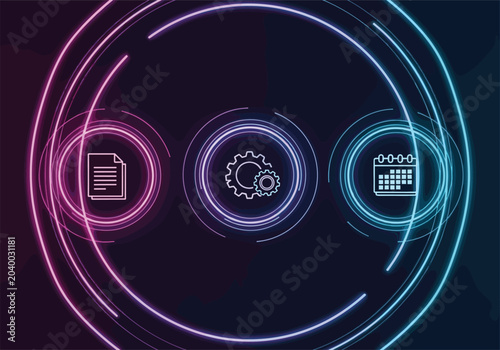 Neon lit icons of document, gear, and calendar in circular formation on dark background