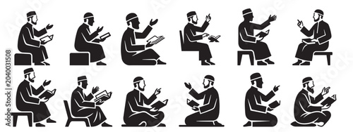 Schilderij op canvas Set of silhouettes depicting muslim people reading or praying with traditional b
