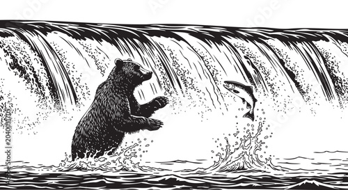 Foto Black and white illustration of bear catching fish in waterfall, wildlife scene,