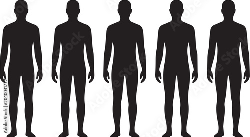 Bild auf Leinwand Row of identical black male body silhouettes standing in front view isolated on