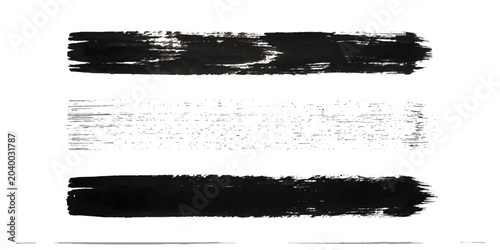 Tableau sur toile Three distinct black brush strokes of varying opacity and texture, arranged horizontally on a clean white background, exuding an abstract artistic quality