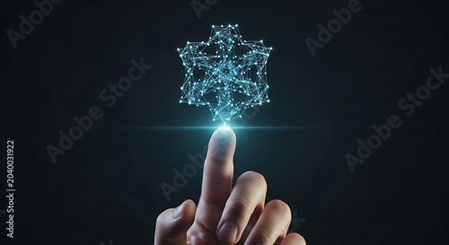 Human finger touching a glowing blue digital snowflake made of network nodes representing cold weather technology or climate data analysis