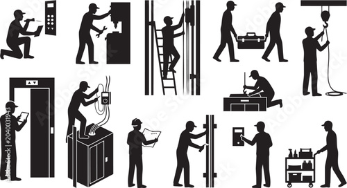 Obraz na plátne Industrial Maintenance and Technical Service Worker Silhouette Collection Featur