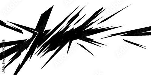 A dynamic black abstract splash of sharp, angular shapes creates an energetic explosion of motion against a white backdrop.