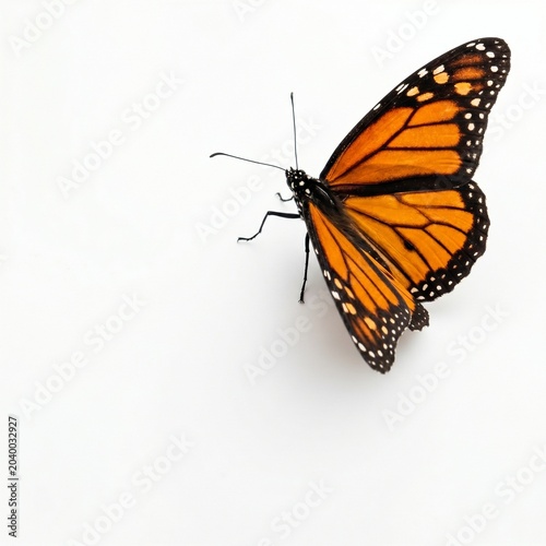 Monarch butterfly with orange and black wings on white surface.