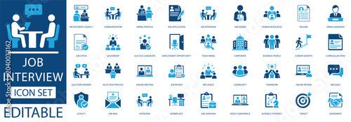 Job interview solid icon set for human resources. Editable vector icons for hiring process, employment, career growth, corporate business layout.