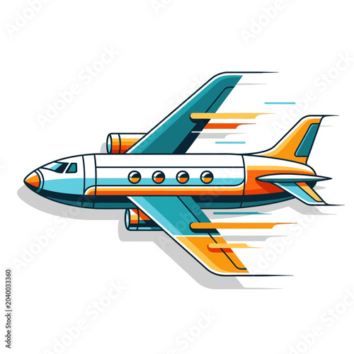 Cartoon jet airplane illustration, flying fast against white