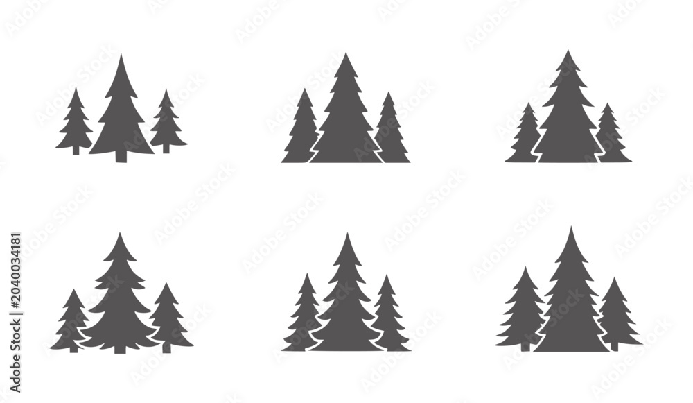 Obraz premium Six dark grey silhouette clusters of pine trees white forest nature