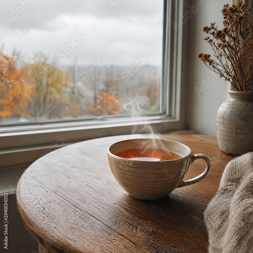 Cozy cup of tea on a wooden table by a rainy window, evoking warmth and comfort.
