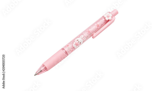 Cute pink ballpoint pen decorated with bunny character and floral pattern isolated on transparent background. Adorable stationery accessory for school, office, journaling, note taking and creative wri