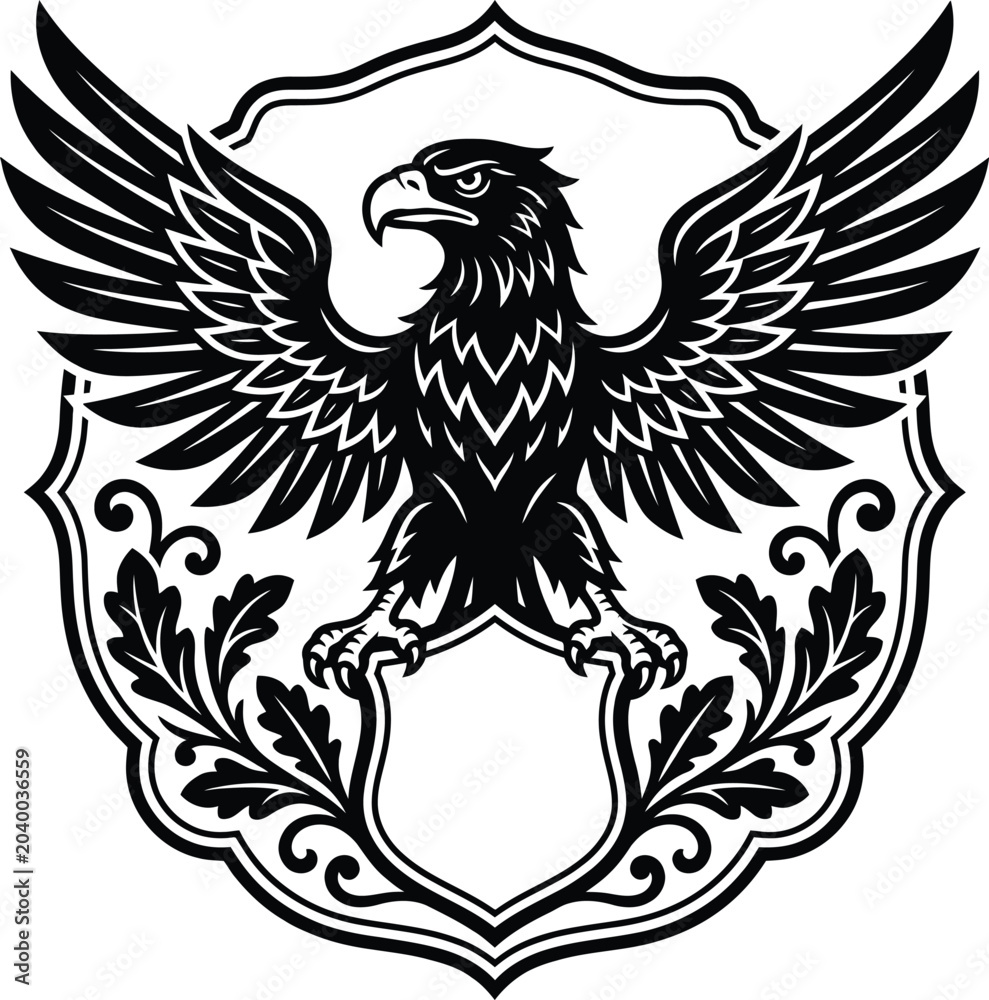 Fototapeta premium Stately eagle emblem featuring a majestic bird of prey perched above a classic heraldic shield structure for branding.