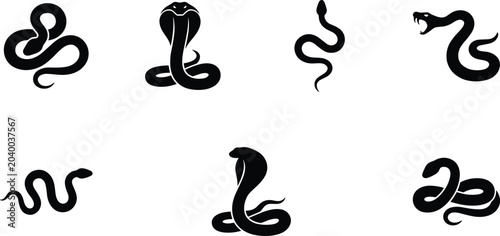 Bild auf Leinwand Set of black snake silhouettes in various poses including cobra and coiled serpe