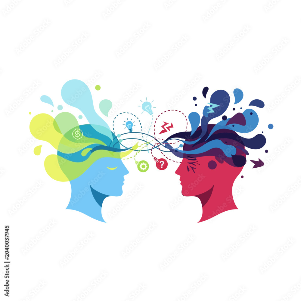 Fototapeta premium Abstract illustration of two people sharing thoughts and ideas, creative concept.