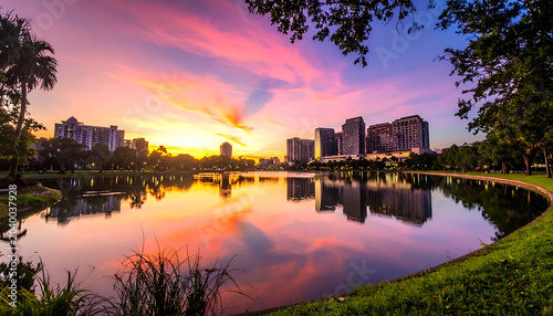 Vibrant sunset over a city lake, reflecting colorful sky and modern buildings, parkland in foreground